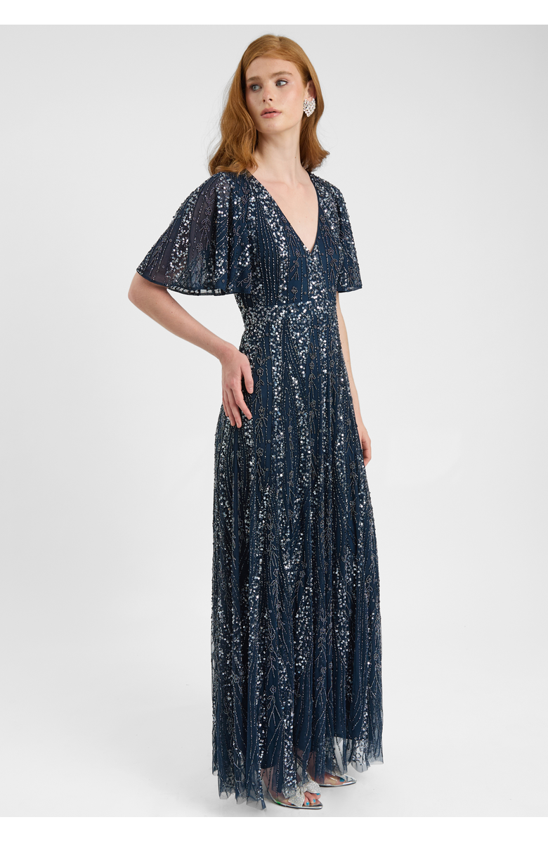 BEAUUT Embellished Sequin Beaded Maxi Dress With Flutter Sleeve, Alternate, color, Navy