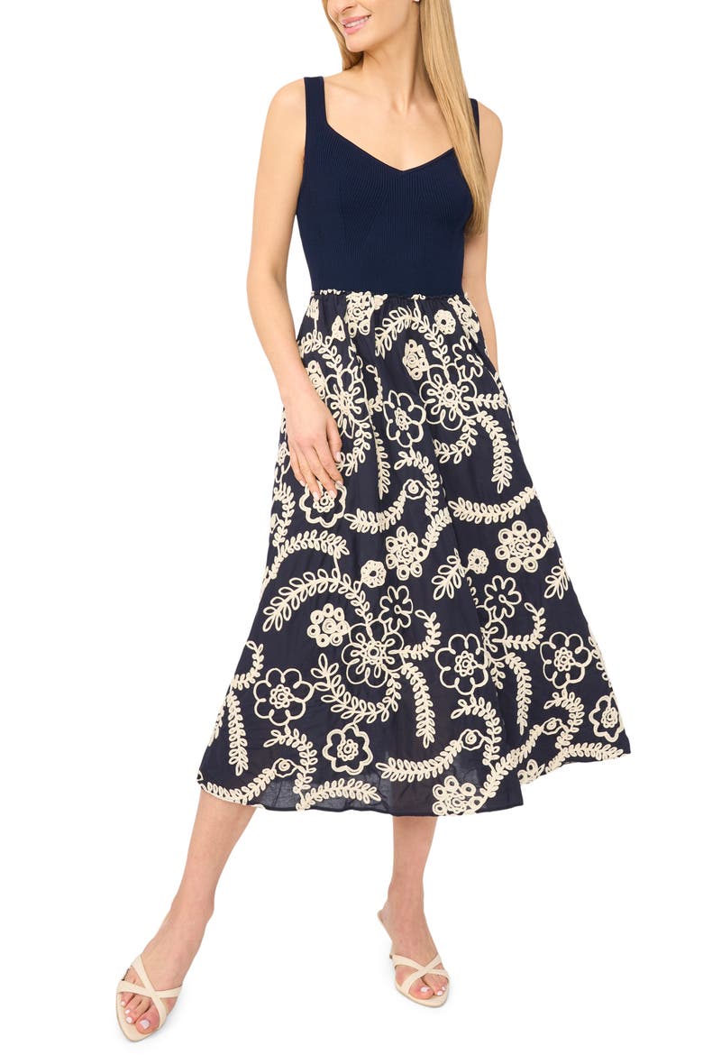 Nicole Embroidered Detail Midi Dress, Main, color, CLASSIC NAVY