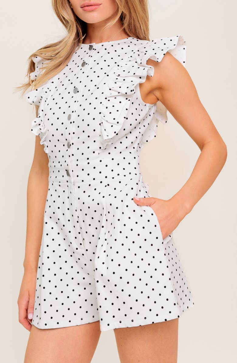 FLYING TOMATO Polka Dot Ruffle Romper, Alternate, color, White/ Black