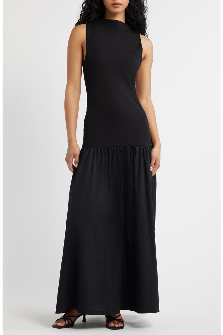 Drop Waist Mixed Media Maxi Dress, Main, color, BLACK