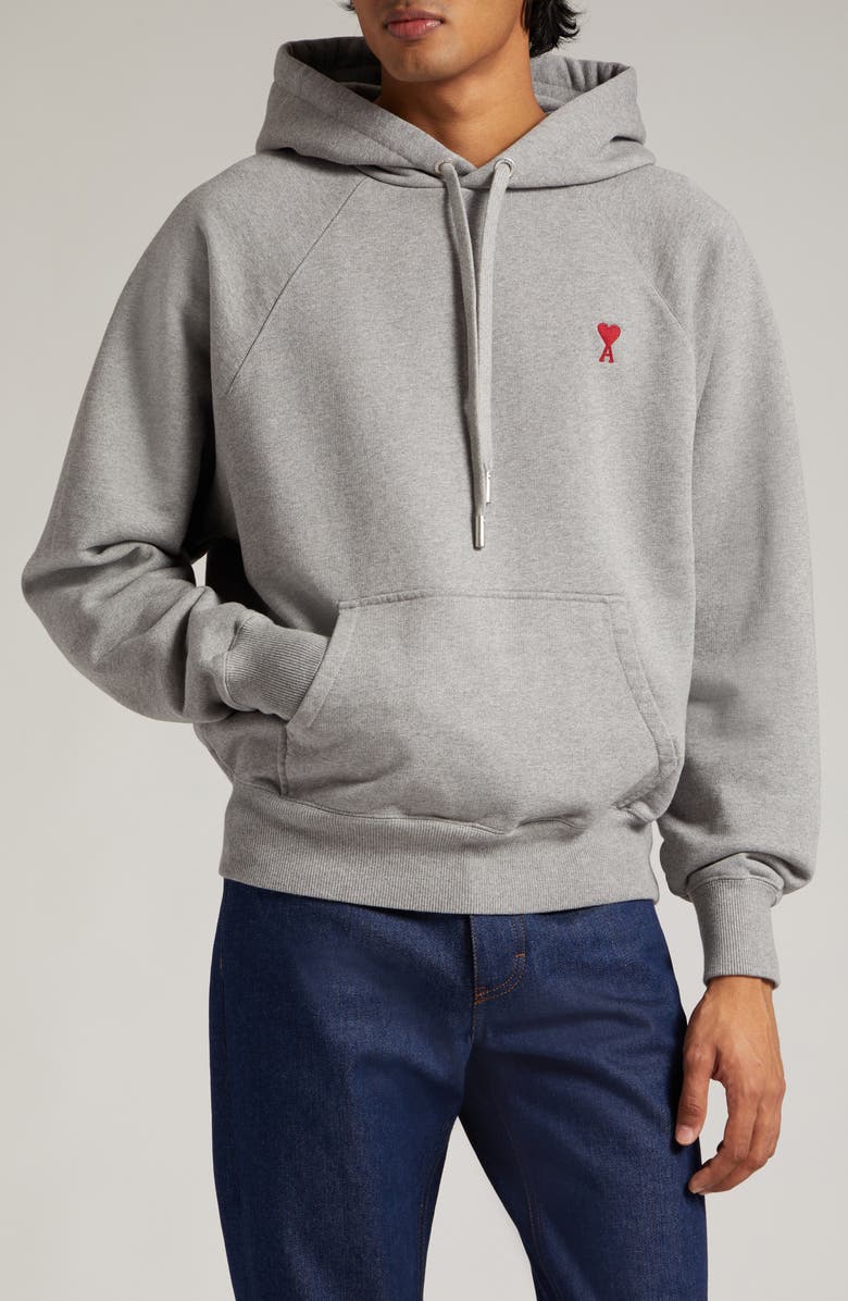 AMI PARIS Ami de Coeur Logo Embroidered Hoodie, Main, color, Heather Grey