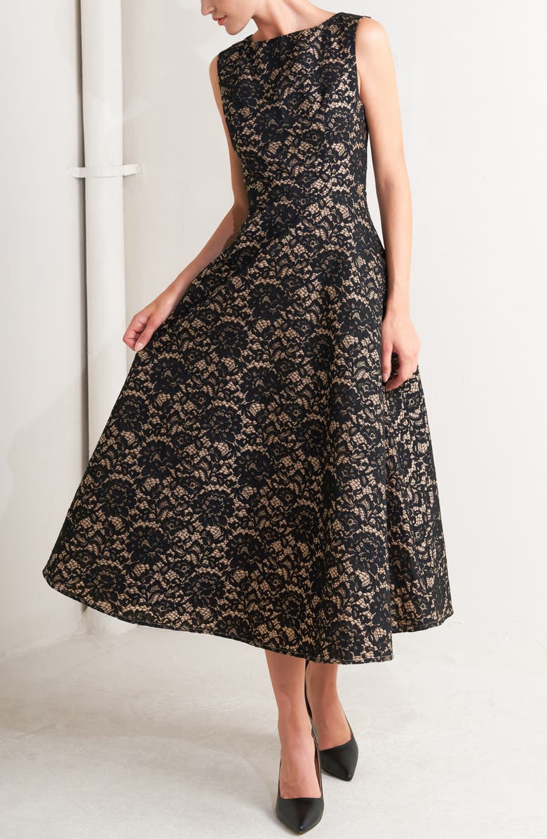 FREEMARKET Sleeveless Cotton Blend Lace Fit & Flare Midi Dress, Alternate, color, Black/ Camel