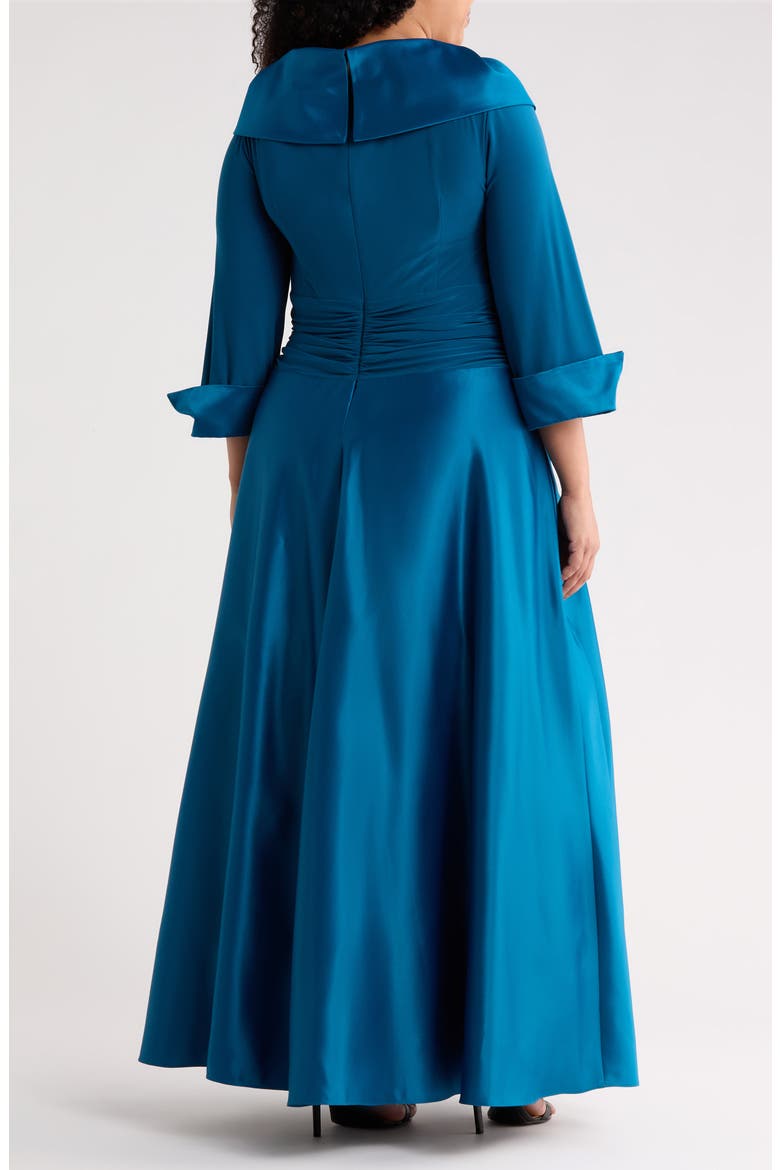 Rhinestone Button Cuff Sleeve Mixed Media Gown, Alternate, color, PEACOCK