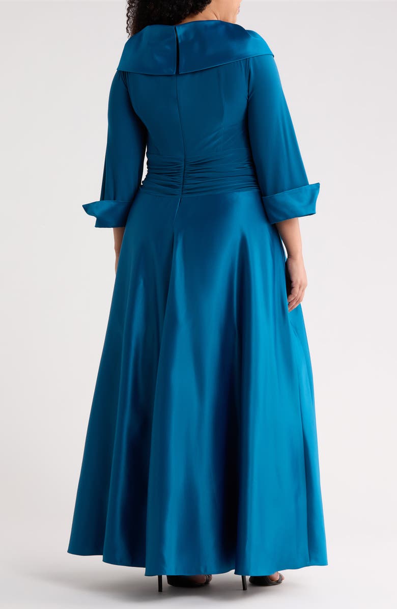 Jessica Howard Rhinestone Button Cuff Sleeve Mixed Media Gown, Alternate, color, Peacock