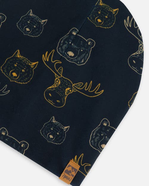 DEUX PAR DEUX DEUX PAR DEUX BOY'S PRINTED BEANIE HAT BEIGE ANIMALS ON BLACK BACKGROUND