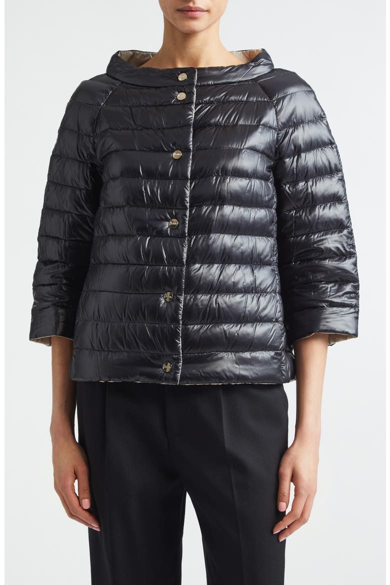Reversible Quilted Ultralight Nylon Crop Down Jacket, Main, color, BLACK TO CHANTILLY
