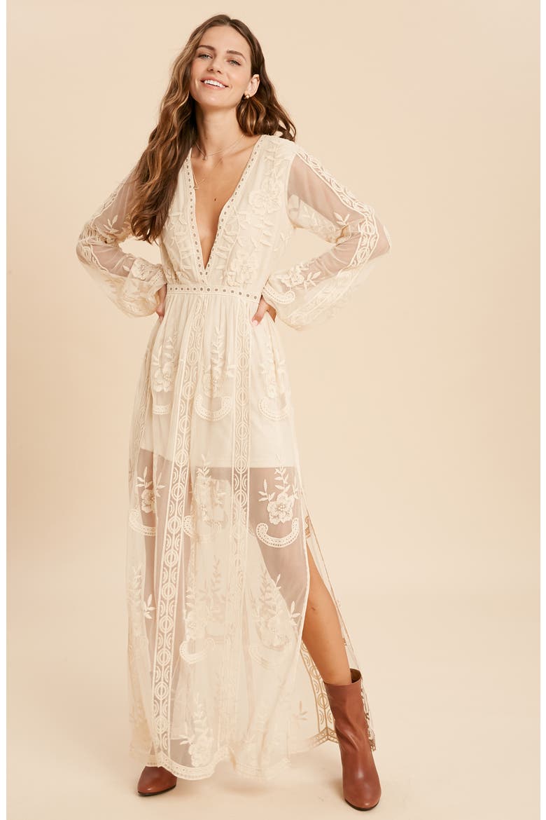 Floral Embroidered Long Sleeve Maxi Dress, Alternate, color, CREAM