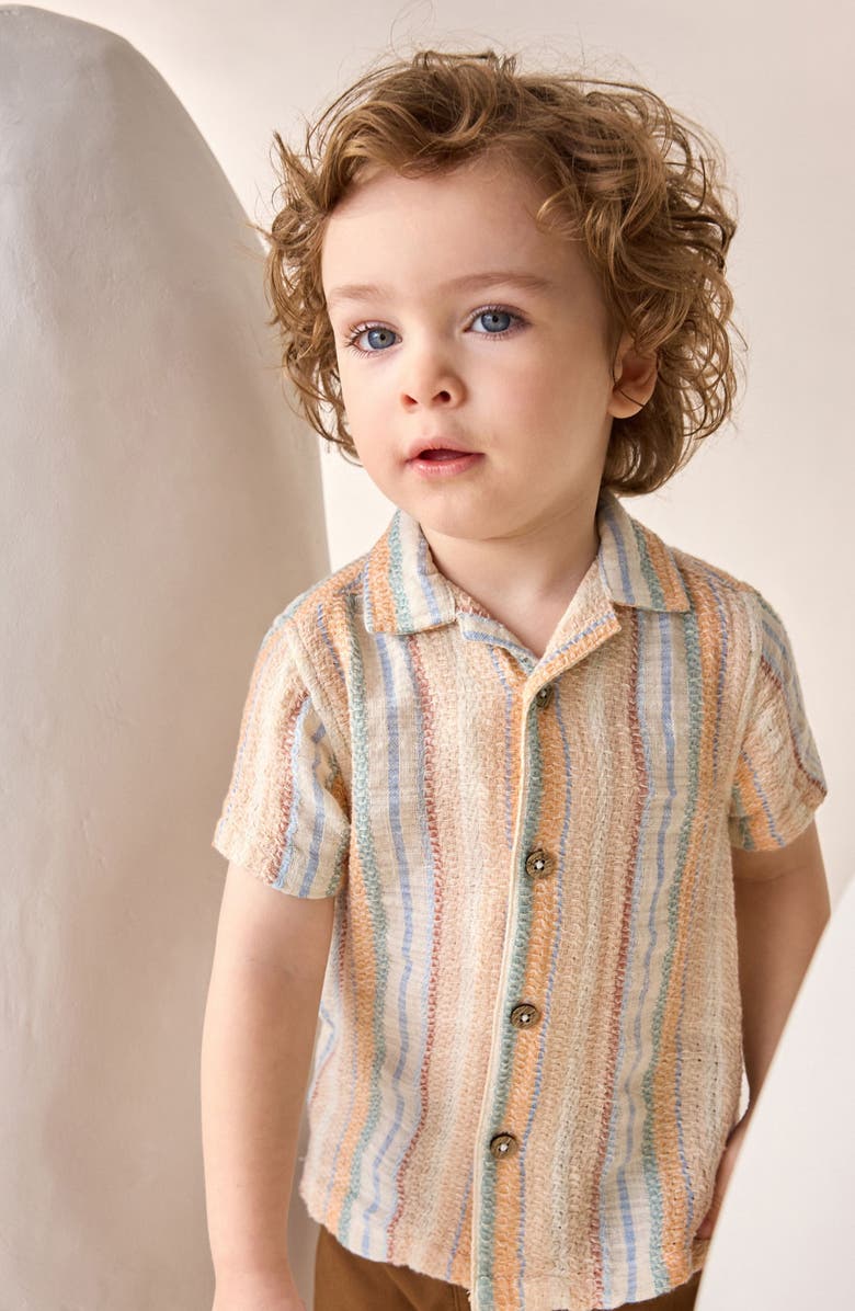 NEXT Kids' Stripe Short Sleeve Cotton Button-Up Shirt, Alternate, color, Green