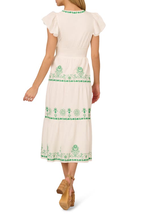 Adrianna Papell Embroidered Smocked Waist Cotton Maxi Dress In Ivory/green Multi