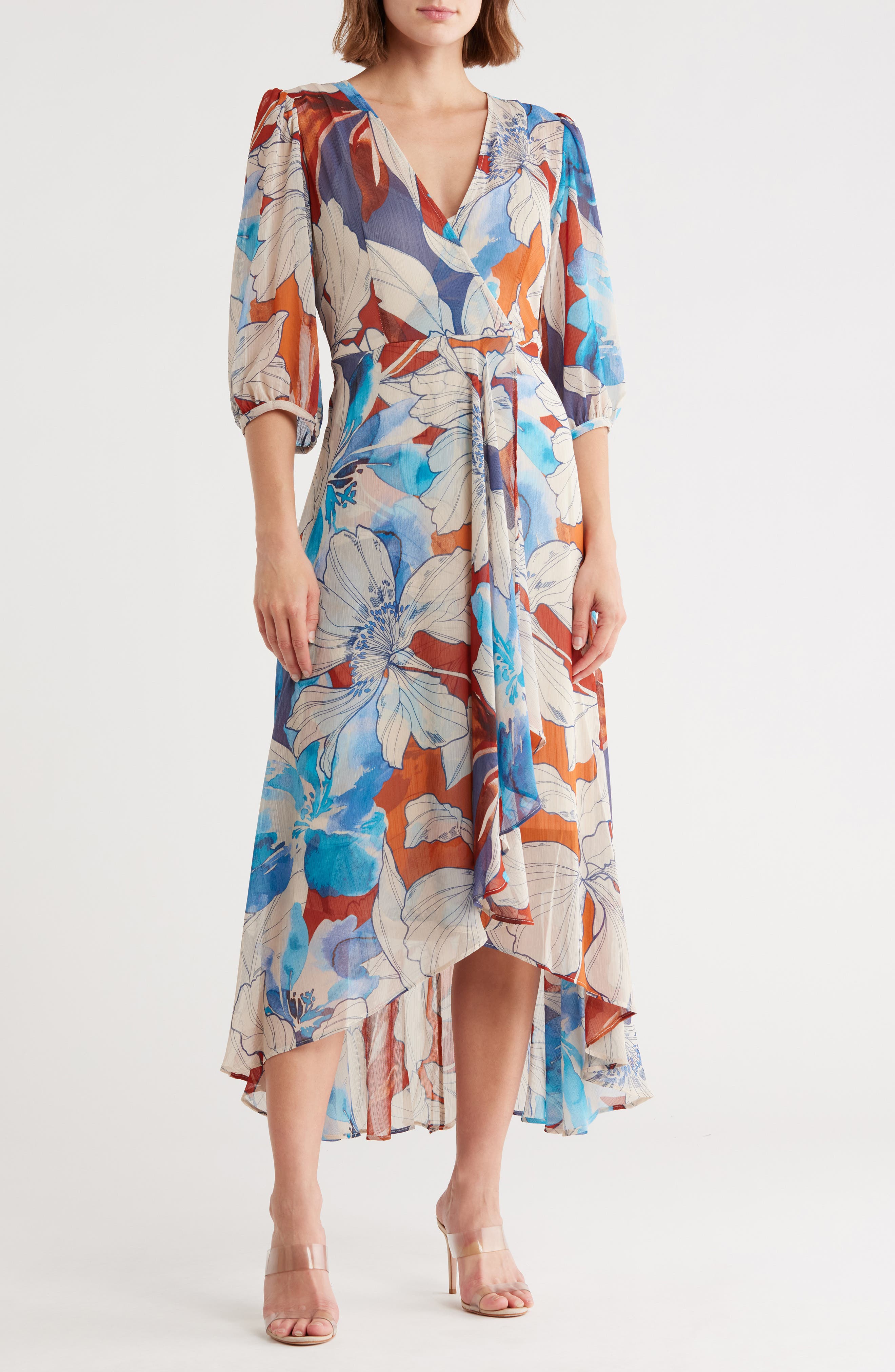 Calvin Klein Floral Faux Wrap Chiffon Maxi Dress