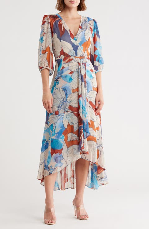 Floral Faux Wrap Chiffon Maxi Dress