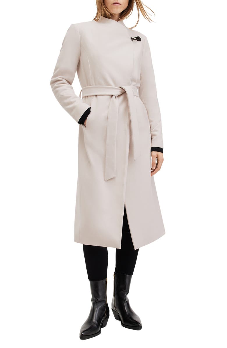 AllSaints Riley Wool Blend Belted Coat, Main, color, Desert White