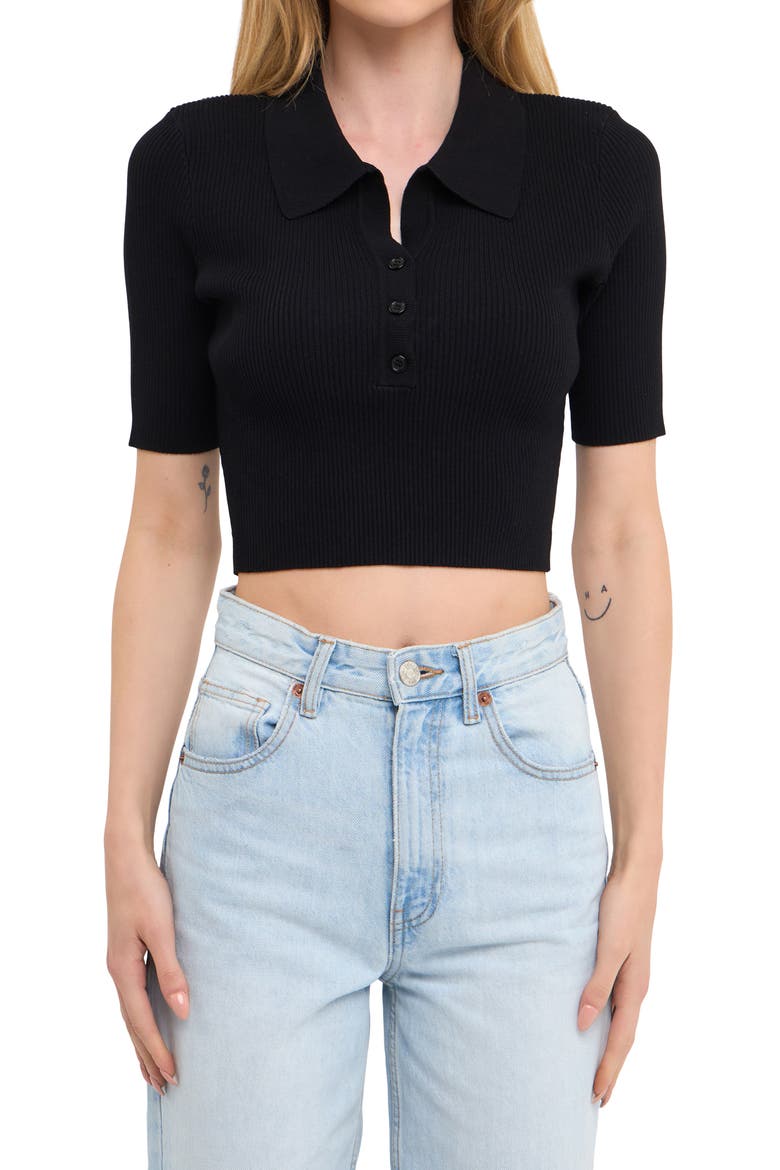 Rib Crop Polo Shirt, Main, color, BLACK