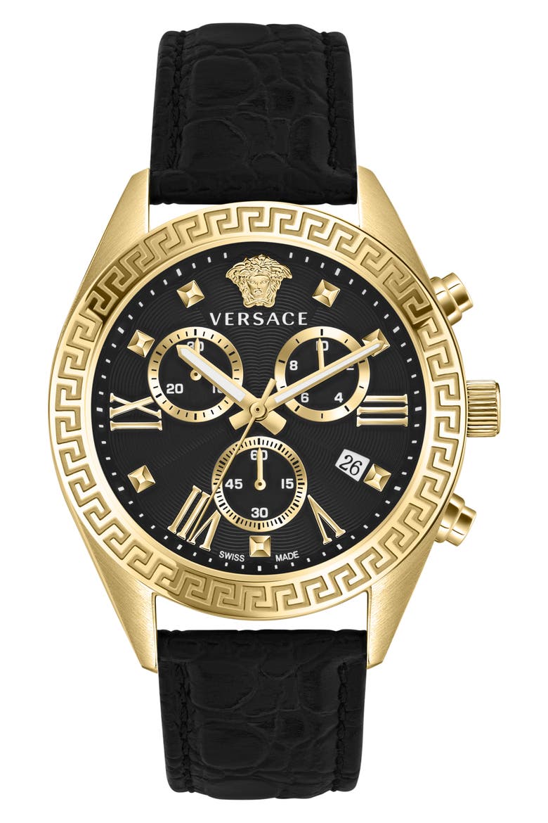 Greca Chronograph Leather Strap Watch, 40mm, Main, color, GOLD