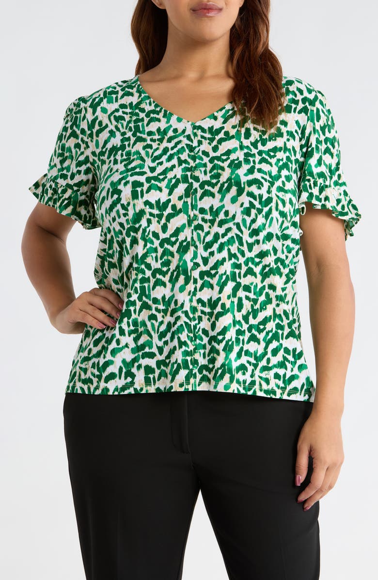 AK ANNE KLEIN Ruffle V-Neck Top, Main, color, Tropical Green Multi