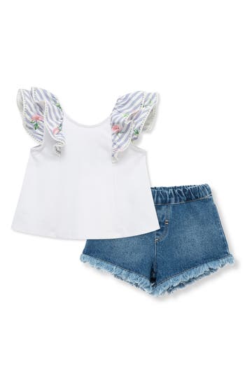 Habitual Kids Bow Accent Ruffle Top & Denim Shorts Set In White