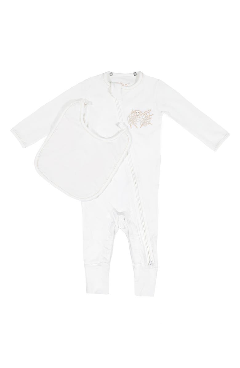 PIP PEA POP Sheep Embroidered Organic Cotton Romper with Attachable Bib, Main, color,