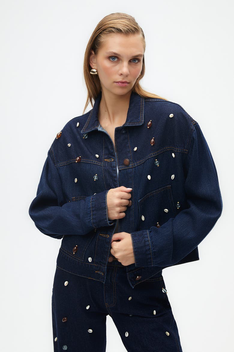 Seashell Designed Jean Jacket, Main, color, Navy Blue