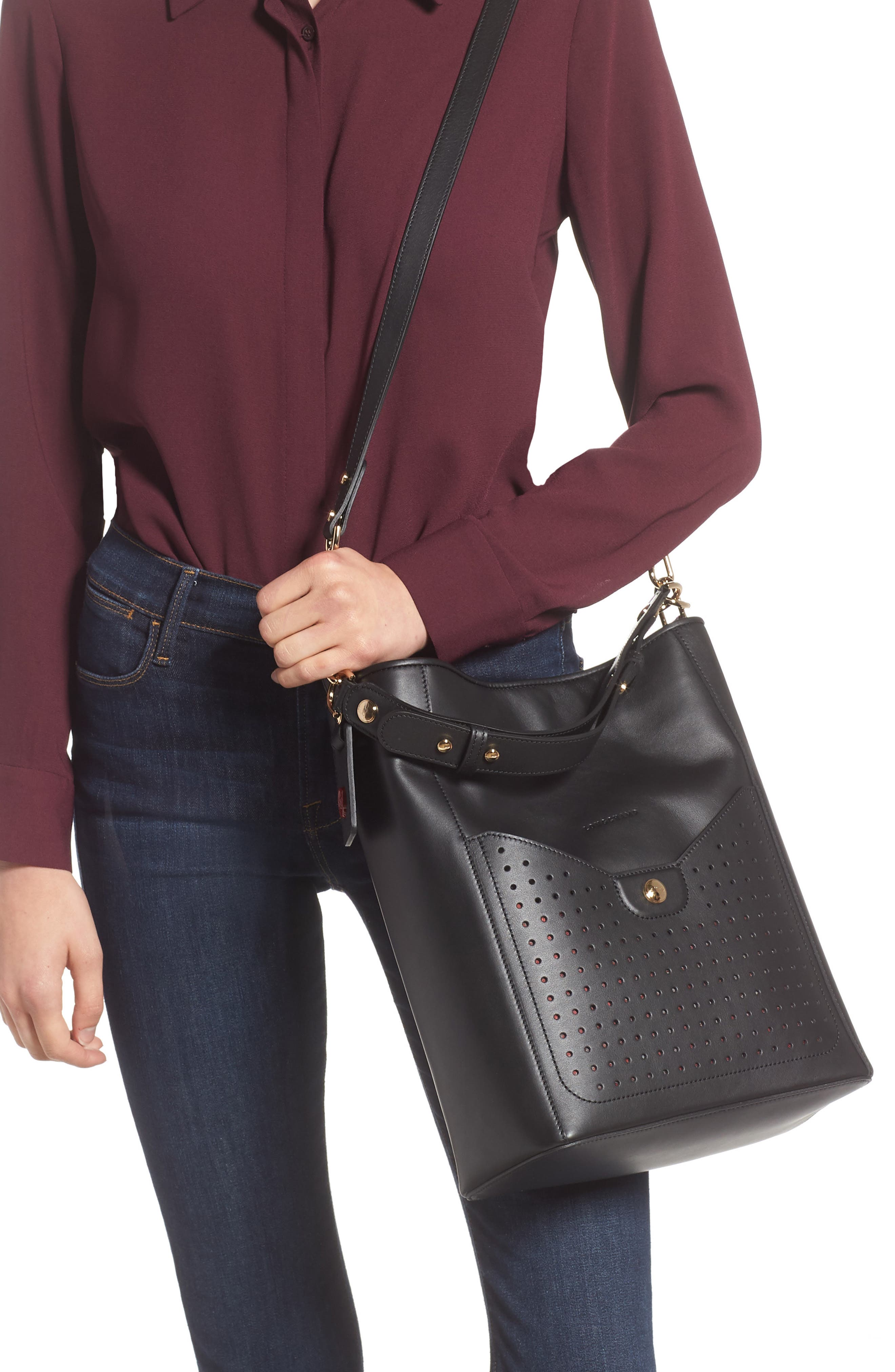 Longchamp Mademoiselle Perforated Calfskin Leather Bucket Bag, Alternate, color, Black