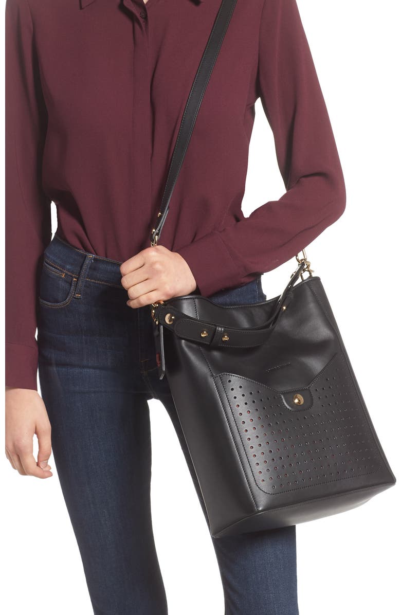 Longchamp Mademoiselle Perforated Calfskin Leather Bucket Bag, Alternate, color, Black