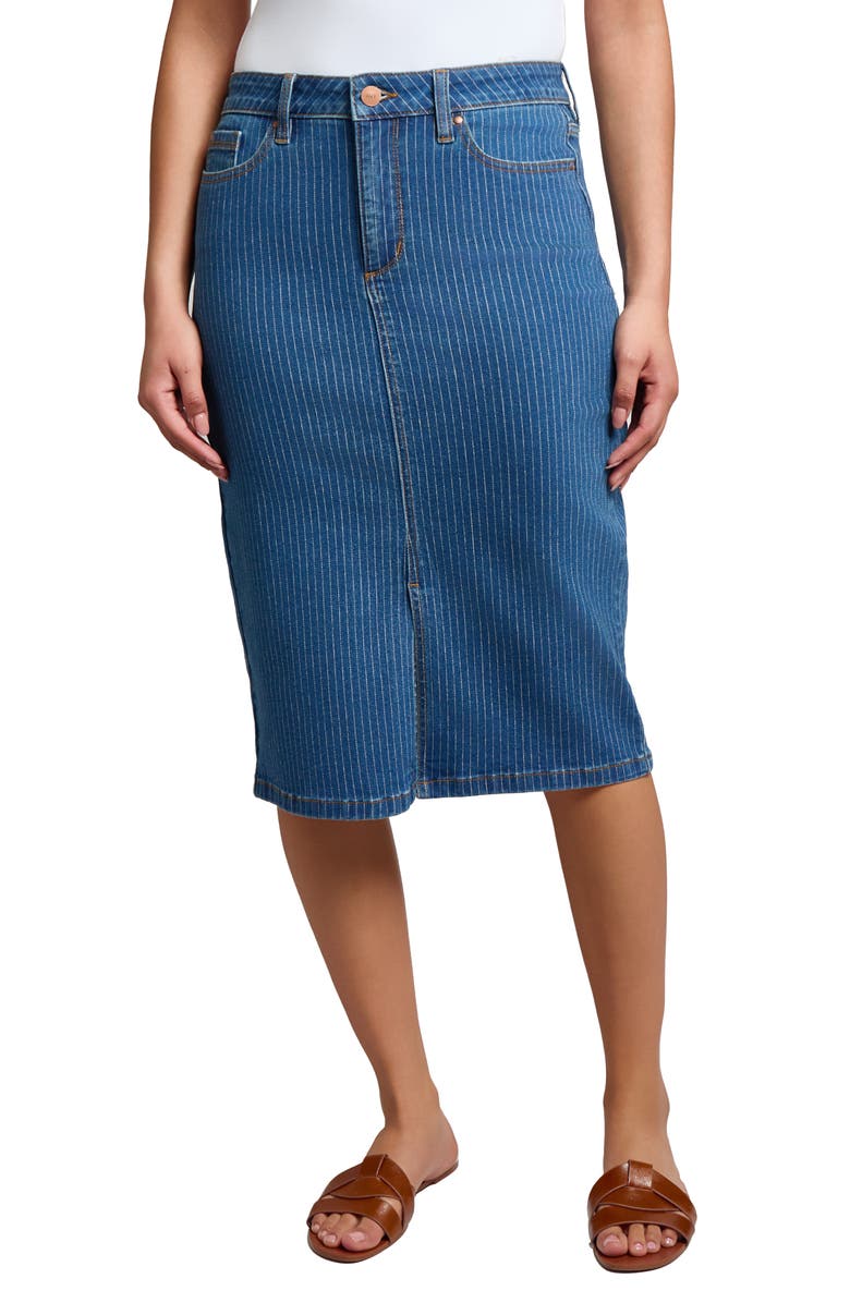 Jones New York Pinstripe Slit Front Denim Midi Skirt, Main, color,