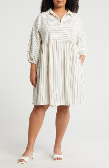 Shop Caslon ® Long Sleeve Linen Blend Shirtdress In White- Grey Ebony Lena Stripe