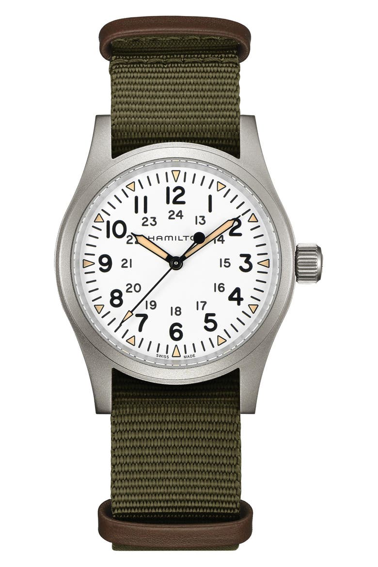 Khaki Field Mechanical NATO Strap Watch, 38mm, Main, color, WHITE