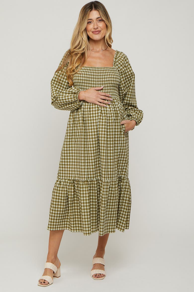 Gingham Long Sleeve Midi Dress, Alternate, color, Olive Green