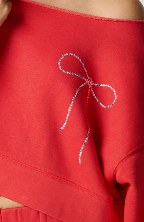Florence By Mills Crystal Bow Off The Shoulder Crop Sweatshirt In Red