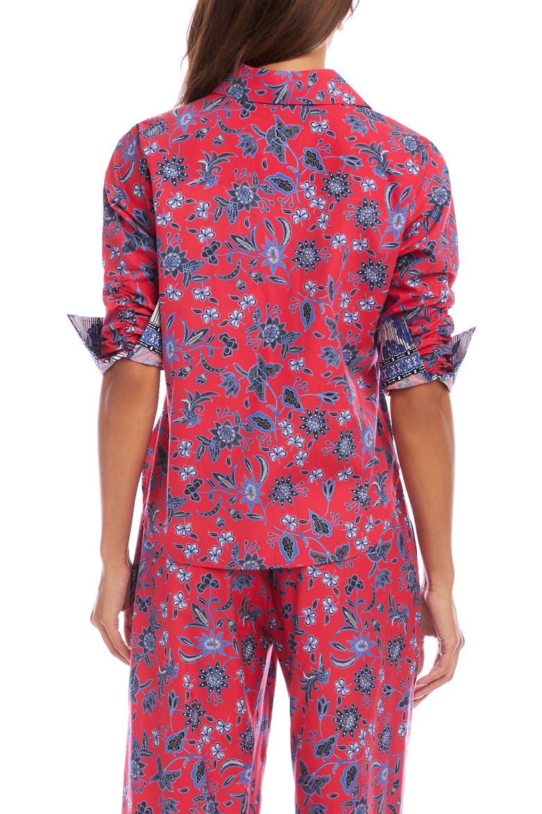 Floral Ruched Sleeve Cotton Button-Up Shirt, Alternate, color, RED