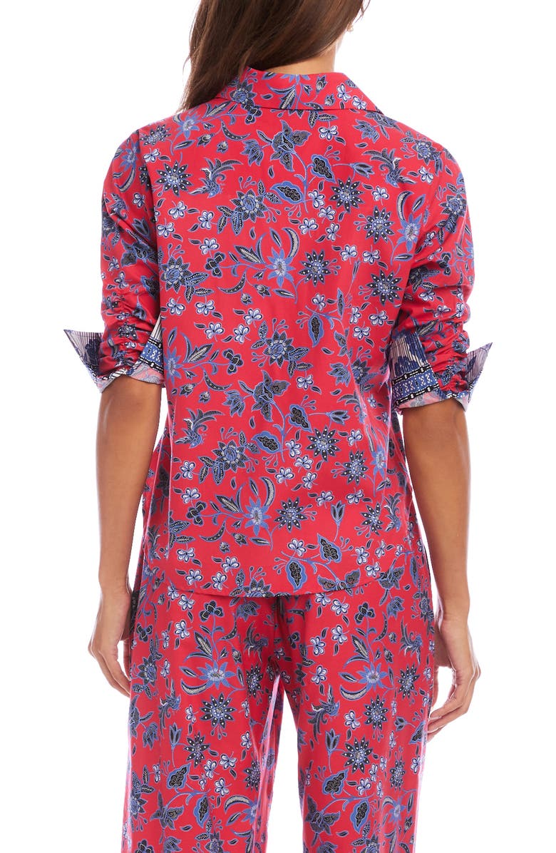 Karen Kane Floral Ruched Sleeve Cotton Button-Up Shirt, Alternate, color, Red