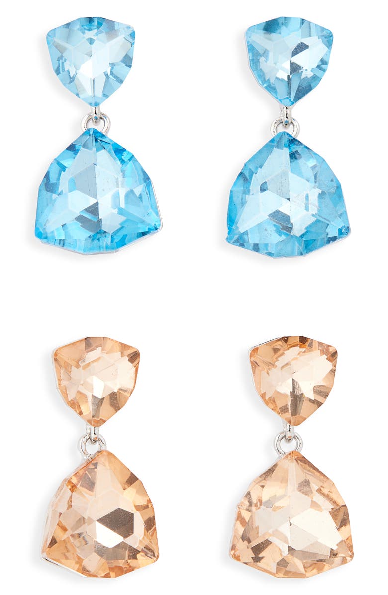 Tasha Set of 2 Trillion Cut Crystal Drop Earrings, Main, color, Blue/ Champagne
