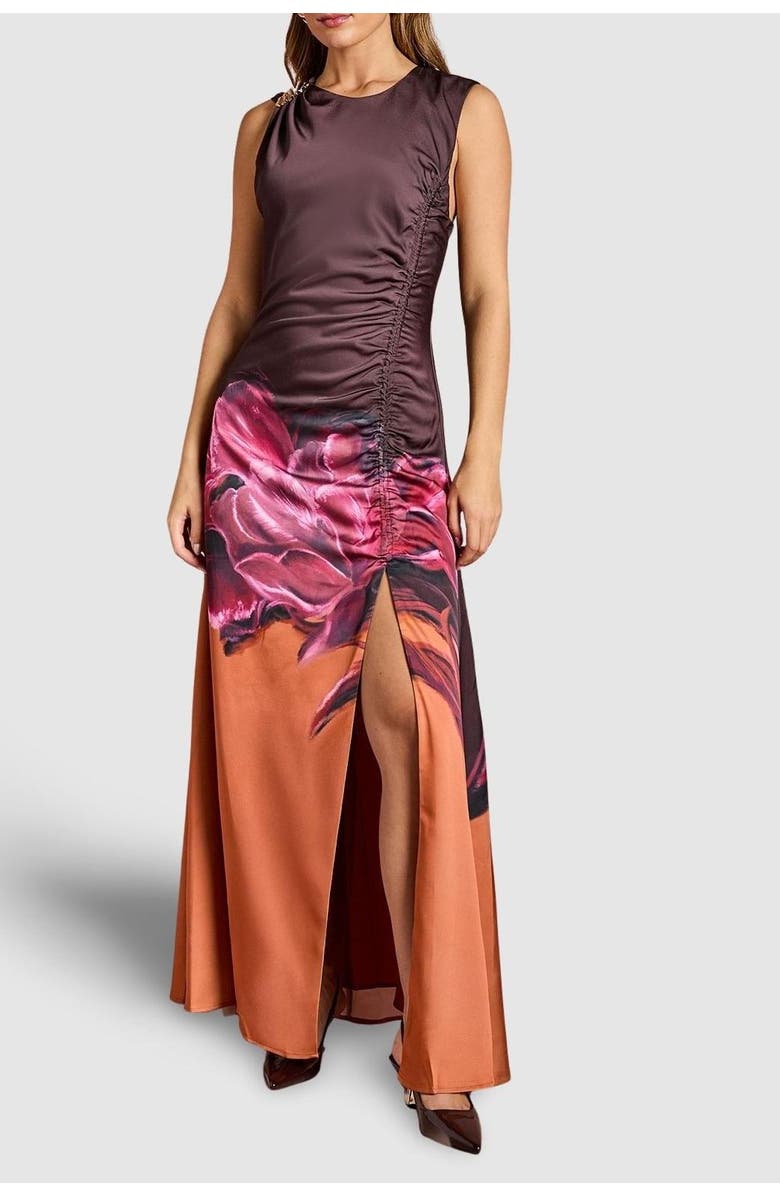 Coast Ruched Print Satin Midi Dress, Alternate, color, Orange