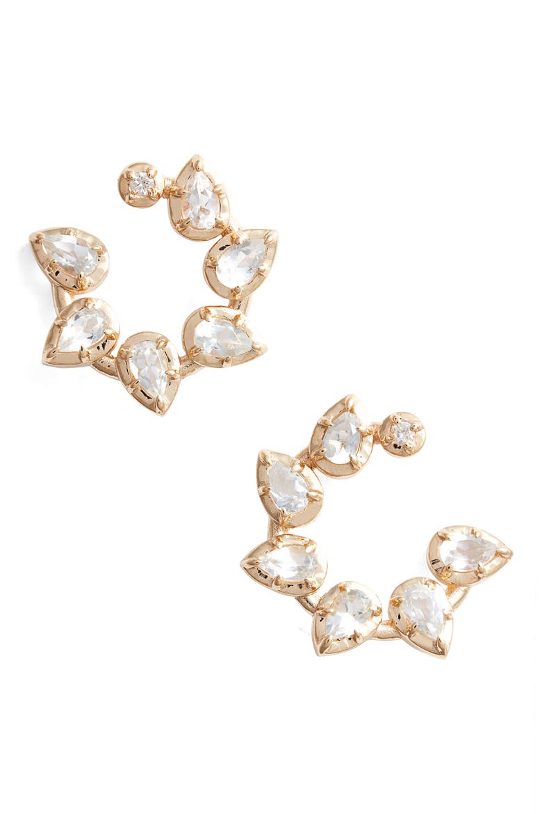 Mélia Pear Front to Back Hoops, Main, color, SILVER/ CLEAR TOPAZ