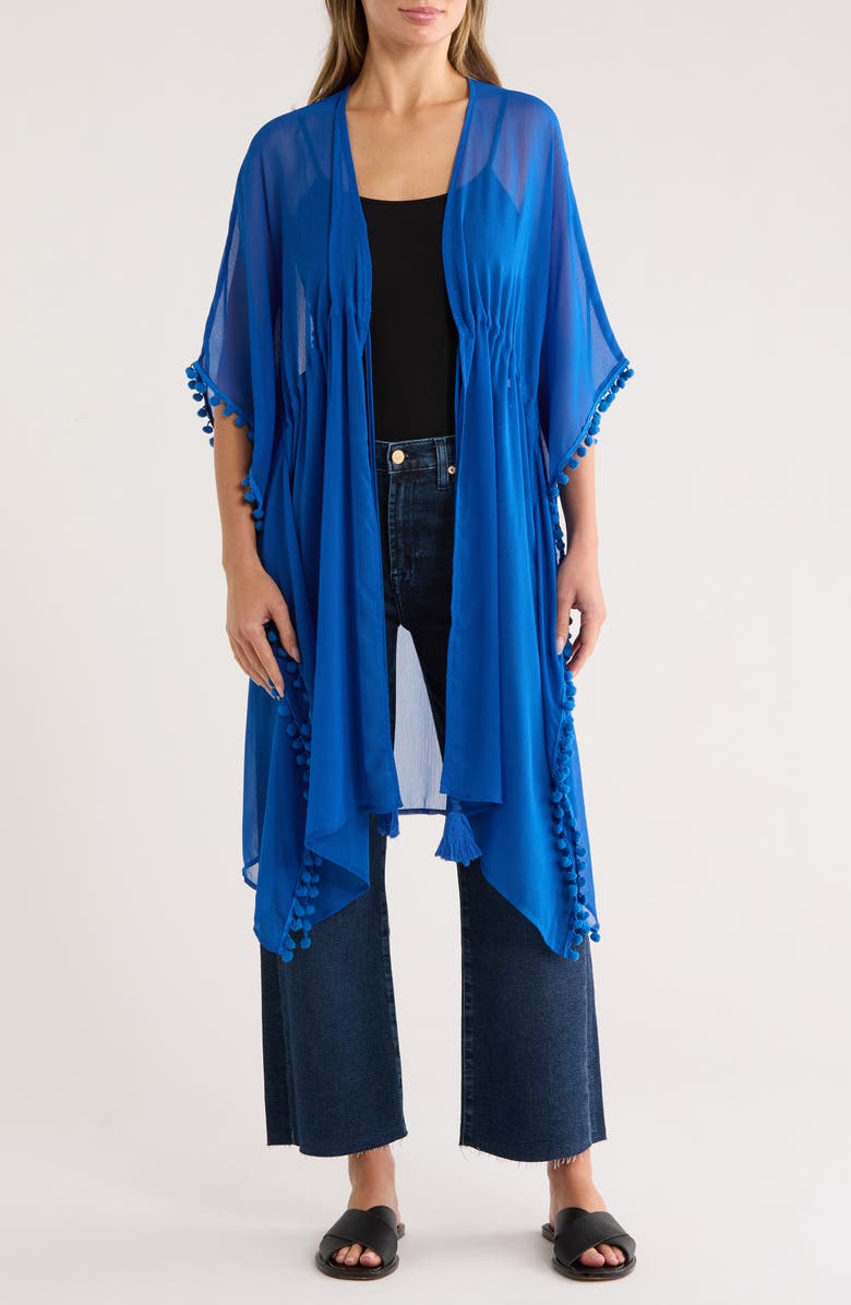 Vince Camuto Pompom Trim Chiffon Topper, Main, color, Blue