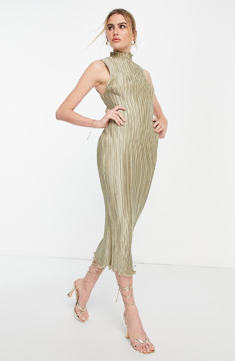 ASOS DESIGN Plissé Sleeveless Satin Midi Dress, Alternate, color, 