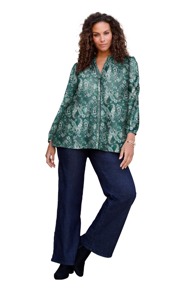 Roaman's Buttoned V-Neck Blouse, Main, color, Emerald Fine Paisley