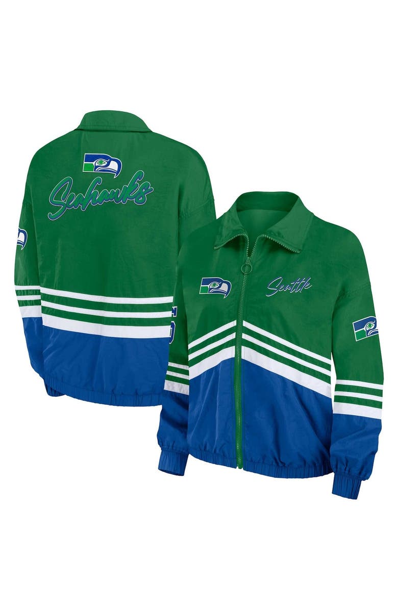 WEAR by Erin Andrews Women's WEAR by Erin Andrews Green Seattle Seahawks Vintage Throwback Windbreaker Full-Zip Jacket, Main, color,
