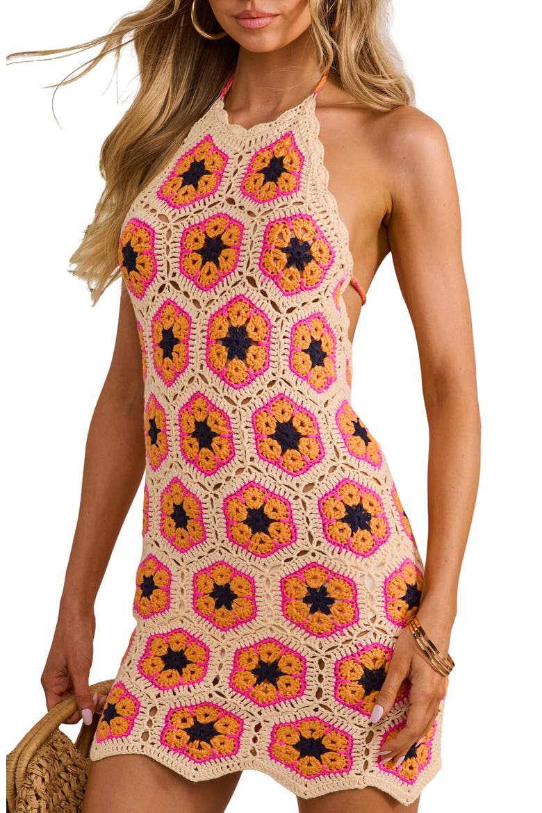 Jamie Floral Open Back Crochet Granny Square Minidress, Alternate, color, PINK MULTI