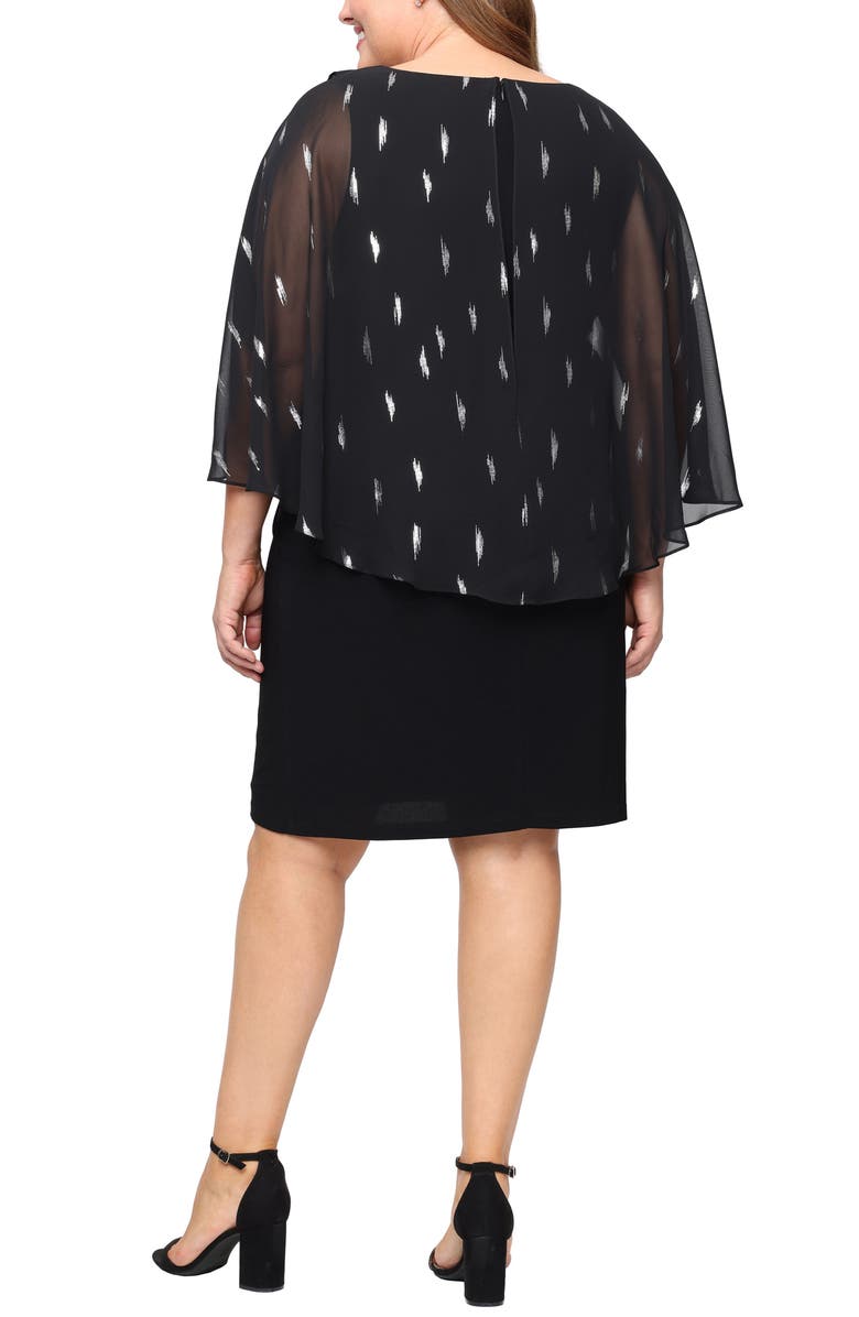 SL FASHIONS Foil Print Chiffon Capelet Cocktail Dress, Alternate, color, Black Silver