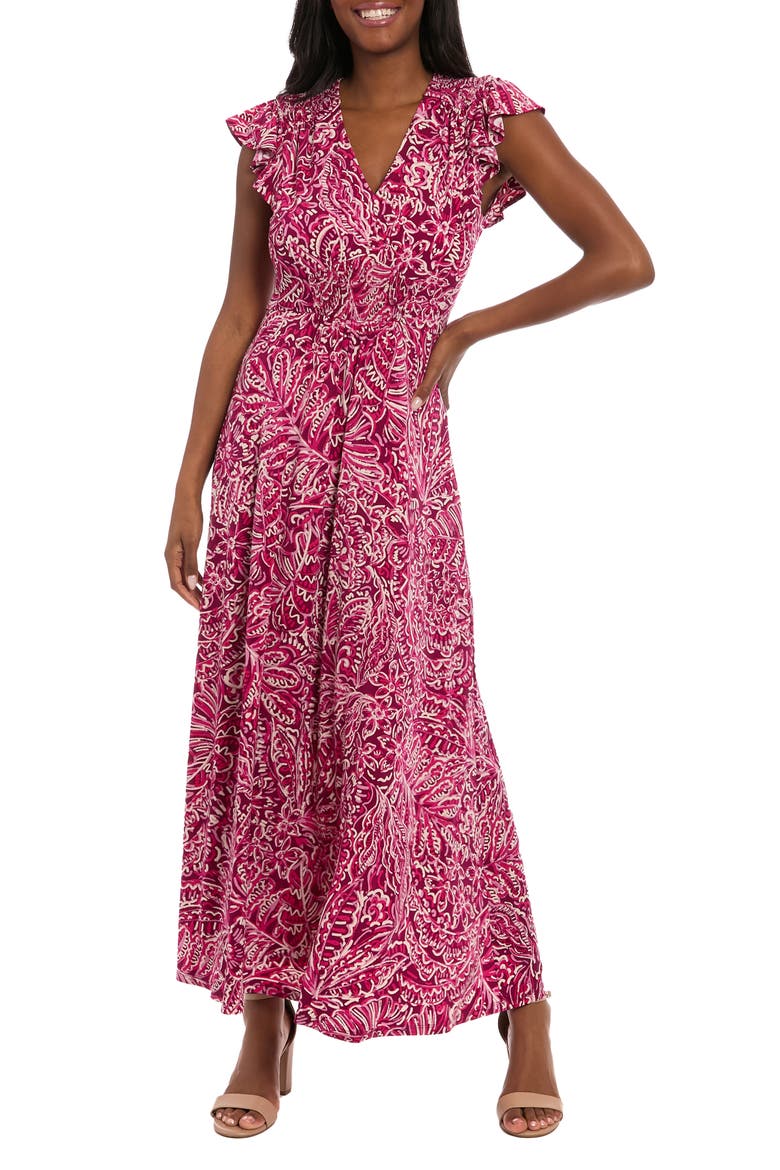 Flutter Sleeve Smocked A-Line Maxi Dress, Main, color, PLUM/ PINK