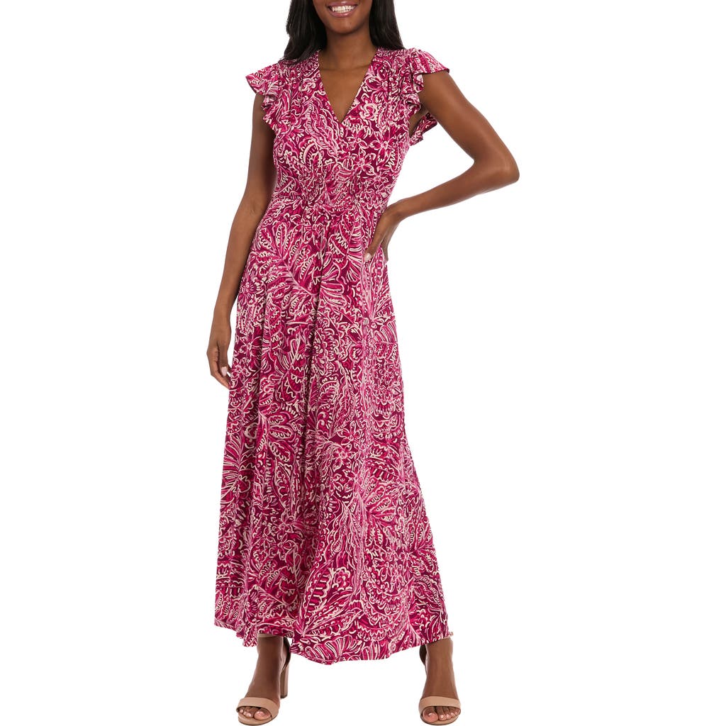 London Times Flutter Sleeve Smocked A-line Maxi Dress In Pink