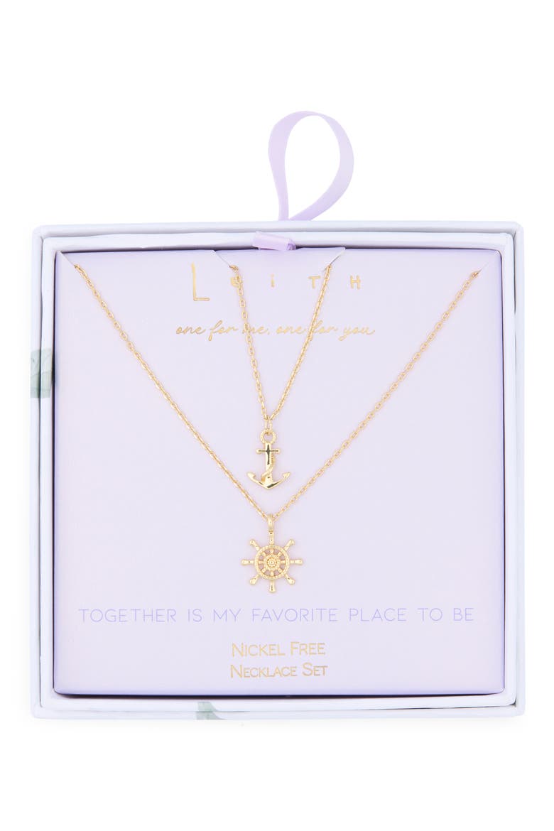You & Me Set of 2 Anchor & Wheel Pendant Necklaces, Main, color, GOLD