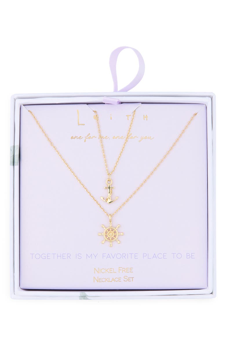 Leith You & Me Set of 2 Anchor & Wheel Pendant Necklaces, Main, color, Gold