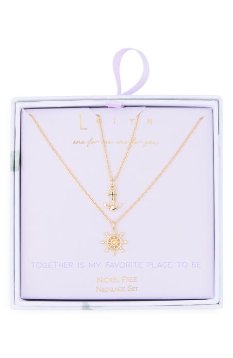 You & Me Set of 2 Anchor & Wheel Pendant Necklaces