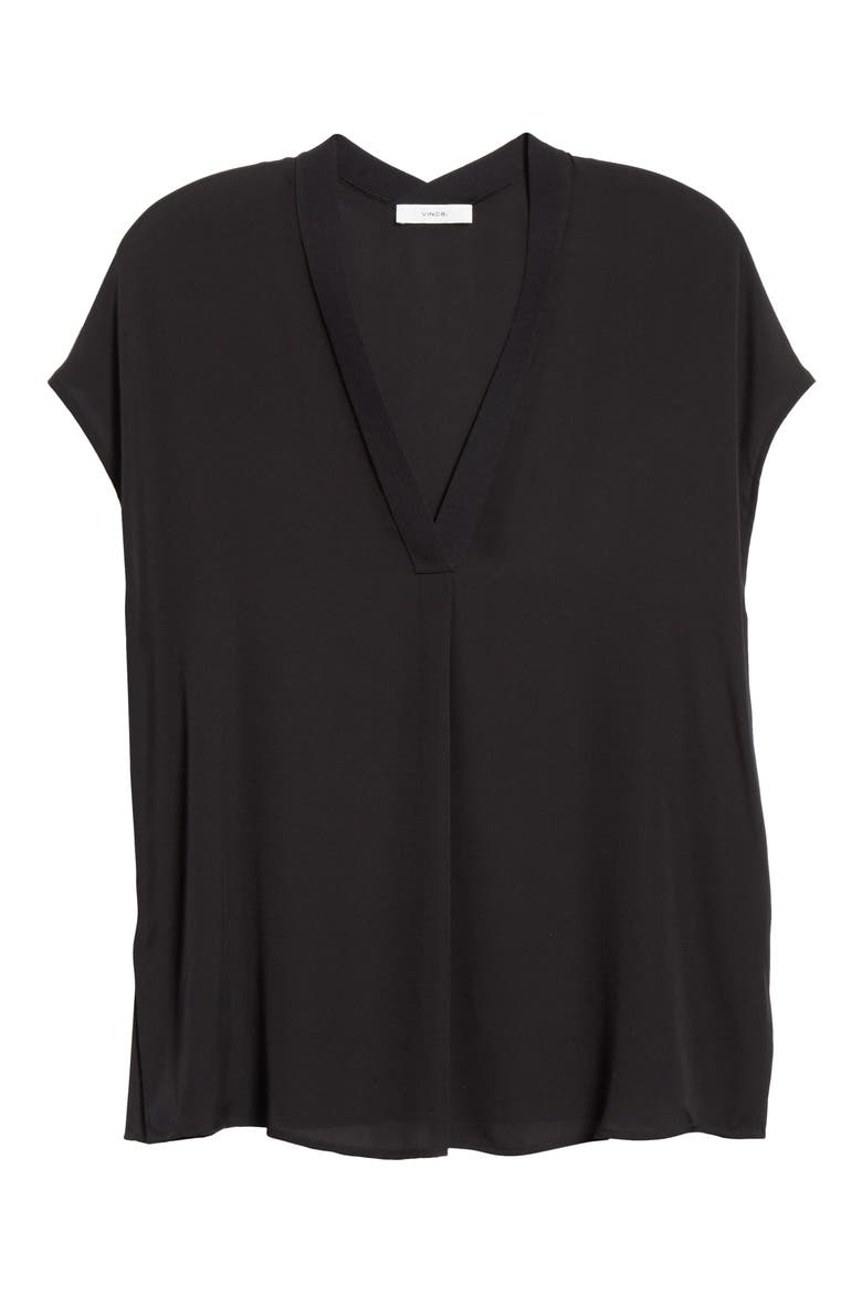 Contrast Trim Short Sleeve Silk Blouse, Alternate, color, BLACK