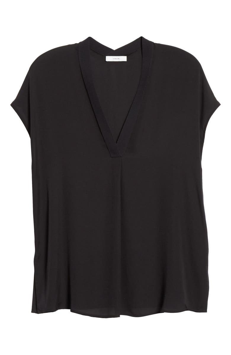 Vince Contrast Trim Short Sleeve Silk Blouse, Alternate, color,