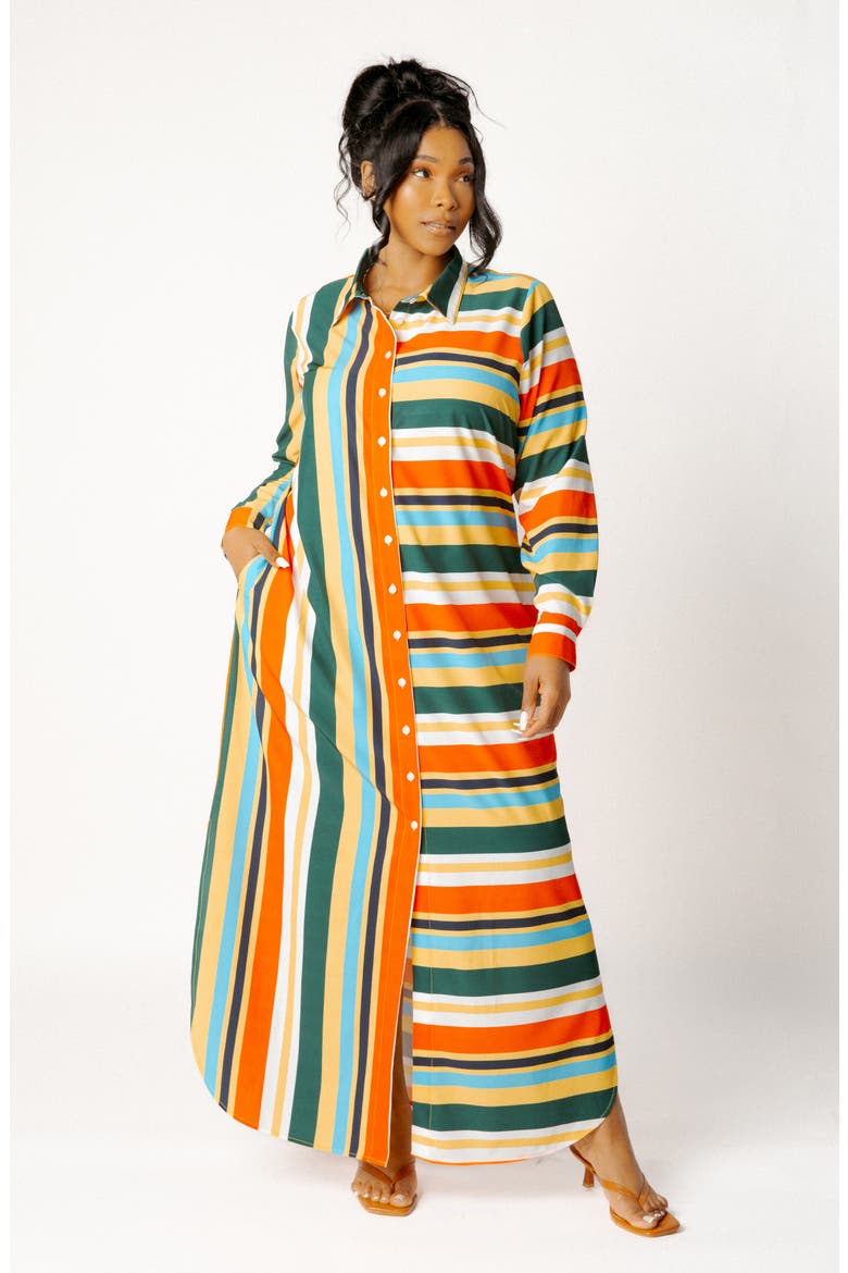 Long Sleeve Button-Up Maxi Shirtdress, Alternate, color, MULTI STRIPE