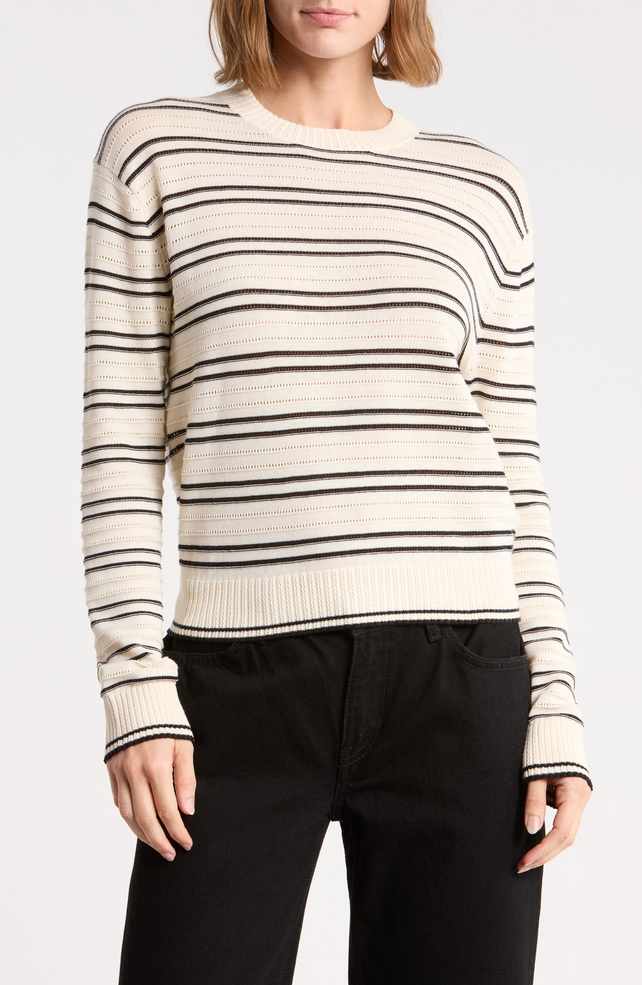 Madewell Striped Textured Stitch Cotton Crewneck Sweater In Navy/ Ivory Mini Stripe