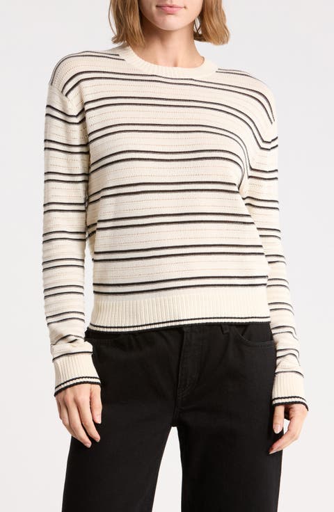 Striped Textured Stitch Cotton Crewneck Sweater